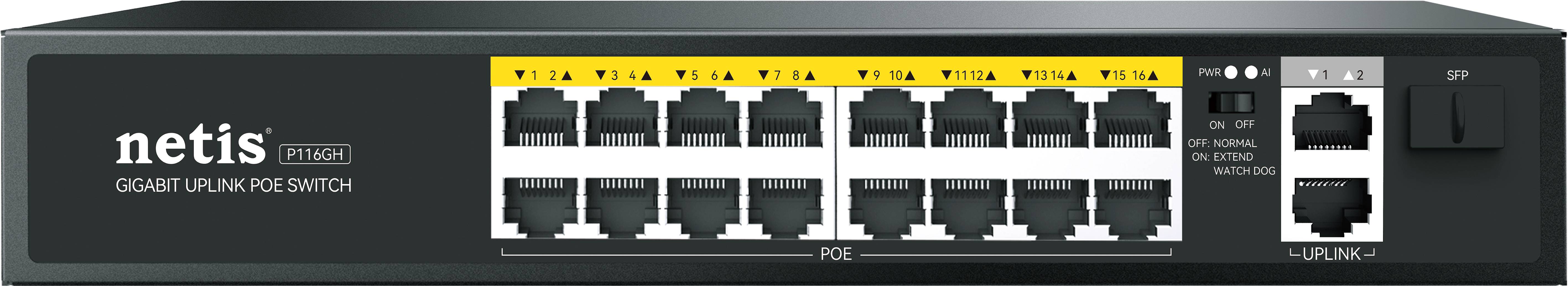 Netis Switch POE P116GH - 16 Puertos POE (100 Mbps) y 2 Puertos Uplink (1000 Mbps), 240W, Watch Dog, Plug Play, 250 Mts de Alcance, No Administrable Netis Switch POE P116GH - 16 Puertos POE (100 Mbps) y 2 Puertos Uplink (1000 Mbps), 240W, Watch Dog, Plug Play, 250 Mts de Alcance, No Administrable